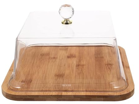 Wensmy Soporte de madera para tartas con cúpula, bandeja cuadrada para servir pasteles con tapa acrílica, soporte multifuncional para tartas de cumpleaños, bodas y fiestas