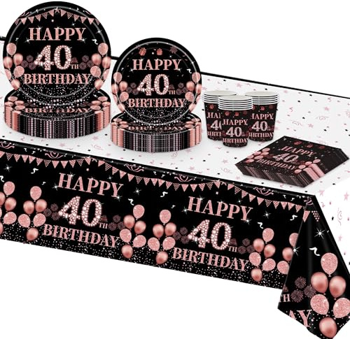 TOPWAYS 40 Anni Compleanno Oro Rose Nero Carta Piatti Set, Carta Piatti Tazze Tovaglia Stoviglie 40 Anni Compleanno Decorazione Regalo di Festa per Donna 16 Ospiti