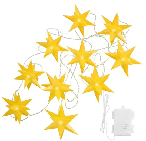 OVILUM Stern Lichterkette 3D mit LED Beleuchtung | 10 Sterne | gelb | Ø 12 cm | 3D Stern mit 15 Spitzen | wetterfest | Garten Deko, Wohnzimmer, Weihnachtsdeko | mit Timer | batteriebetrieben