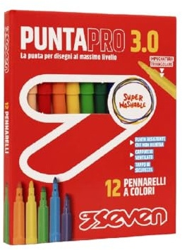 Seven Pennarelli Scuola Puntapro 3.0 - Scatola da 12 Pz, Pennarelli a Colore, Super Washable, Bambini e Ragazzi