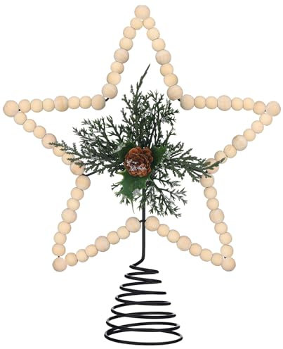Gejoy Weihnachtsbaumspitze mit Perlen, rustikaler Stern, mit Beeren, Tannenzapfen, neutraler Weihnachtsstern, Baumspitze für Weihnachtsbaumdekorationen (Kegel, Holz)