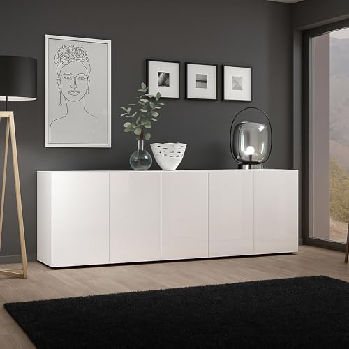 Dmora - Buffet Komani, Buffet du Salon, Commode de Salon, Garde-Manger de Cuisine, Made in Italy, 225x38h79 cm, Blanc Brillant