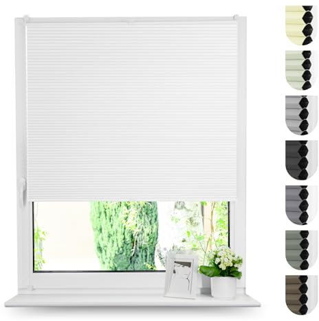 Tom'Shop Plissee Klemmfix ohne Bohren Sonnenschutz Plisseerollo Jalousie Lichtdurchlässig und Blickdicht für Fenster & Tür (WABEN Weiß B135cm x H130cm)