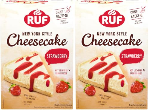 RUF New York Cheesecake Strawberry ohne Backen, Original amerikanischer Käsekuchen mit Erdbeersoße, 1 x 360g (Packung mit 2)