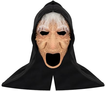 TINAYAUE Halloween Hexenmaske Gruselige Alte Frau Hexe Maske Zauberer Vollgesichtsmaske Cosplay Kostüm Realistische Hexen Maske für Halloween, Fasching, Mottopartys