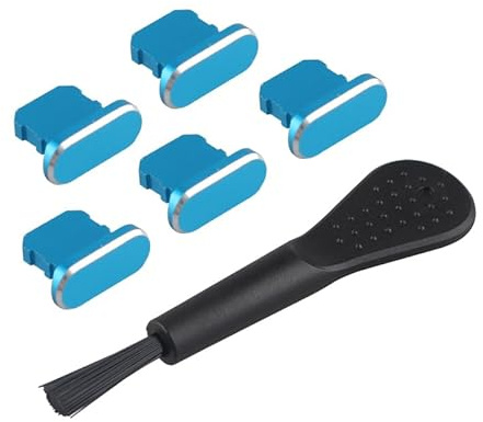 Futheda 5PCS Anti Dust Plugs Metal Cover Caps Lightning Charging Port Dust Protector with Cleaning Brush Compatible with iPhone 14 13 12 11 X XS XR 8 7 SE Mini Plus Pro Max iPad 4 Blue