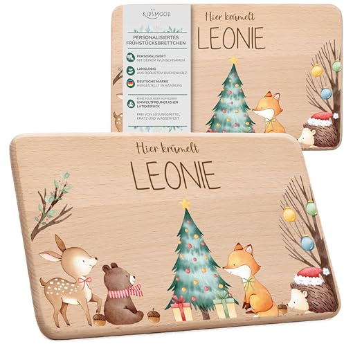 KIDSMOOD – Weihnachtliches Frühstücksbrettchen mit Namen | Niedliches Brettchen aus hochwertigem Holz bedruckt mit schadstofffreier Tinte | Personalisierte Geschenke Baby zu Weihnachten (22x14 cm)