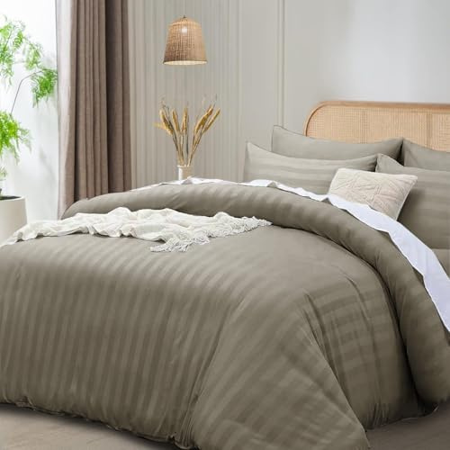 funky gadgets Double Duvet Cover Set Beige, Microfiber Satin Stripe Duvet Cover Luxury Hotel Bedding Sets with Pillowcases Breathable Ultra Soft Reversible Quilt Covers.