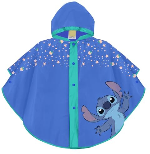 PERLETTI Poncho Impermeabile Stitch Bambino Bambina 3 4 5 6 Anni - Mantellina Bambini Blu e Azzurra con Cappuccio e Bottoni - Mantella Pioggia Disney Scuola Materna (3-6 Anni)