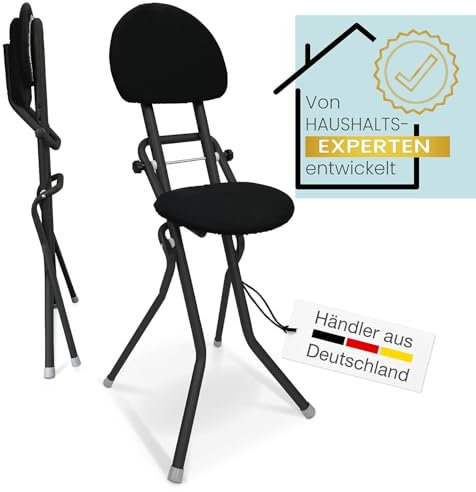 ELONEO Sedia Pieghevole Imbottita - Antiscivolo e Salvaspazio, Sgabello per Stirare, Cucinare o Giardinaggio, 3 Altezze Regolabili (58-65cm), Portata 120kg, Dimensioni 45x98x47cm (Nero)