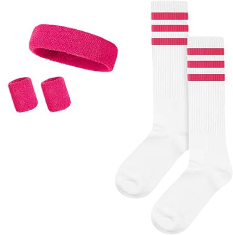 5 pièces Juego de Bandas de Sudor y Calcetines a Rayas,muñequeras Deportivas de Tubo,Accesorios para Disfraces los 80,Diademas absorbentes algodón,para Gimnasio,Fiestas emáticas,Mujeres y Hombres