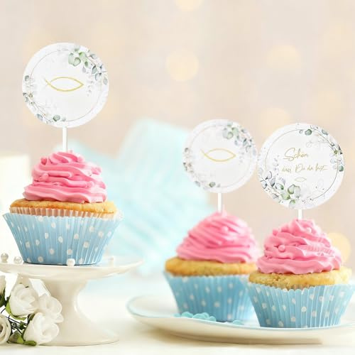 WUBAYI 24-teiliges Kuchendekorationsset | Inklusive Tortenaufsatz für Cupcakes | 3 Stile je 8 Stück | Für Taufe, Kommunion und Party