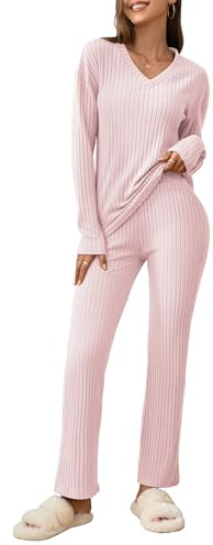 outfit spring Pyjama Femme 2 Pièces Côtelé Ensemble Loungewear Décontracté avec Haut Manches Longues Col V et Pantalon Large avec PochesTenue Douce et Chaude pour Maison Automne Hiver
