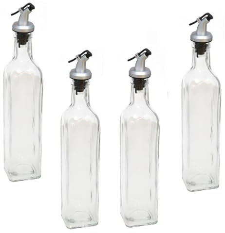 pcmoviles – Set de 4 Aceiteras y Vinagreras Antigoteo de 500 ml | Cristal y Acero Inoxidable | Dispensador de Aceite de Oliva y Vinagre para Cocina
