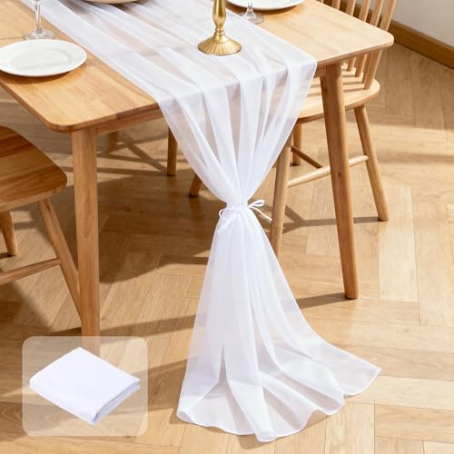 Segus Chiffon Tischläufer Modern, 1 Stück 70x300cm Tischläufer Weiß, Table Runner, Waschbar und Wiederverwendbar, Chiffon Dekostoff für Hochzeit, Geburtstage, Babyparty