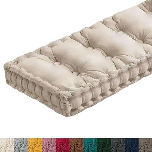 Yuly Coussin de Banc Interieur avec Poignée, Épaisseur 10 cm, Velours Coussin Banc pour Banquette Fenêtre, Interieur/Salon de Jardin Exterieur, Taille Personnalisée (Beige,110x40x10cm)