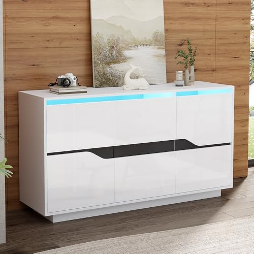 PUGSDRLY 140 * 40 * 76cm Buffet de Salon,LED Sideboard à 3 Portes, Polyvalents avec séparateurs réglables (White)