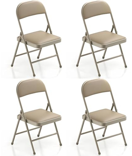 Campingstuhl Faltbar 4er set Balkonstuhl Gartenstühle Klappbar Stapelstuhl Klappstuhl Outdoor Faltstuhl für Gärten Innenhöfe Balkon Restaurants, Metall Campingstuhl 150 kg mit Leder-Kissen, Khaki
