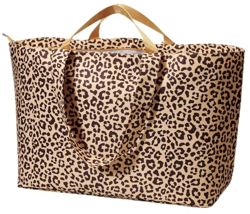 KALIDI Vikbar shoppingväska resväska strandväska XXL, 60 l extra stor holdall weekender gymväska med dragkedja lätt för kvinnor resor, strand, camping, leopard, 40 cm x 55 cm x 25 cm