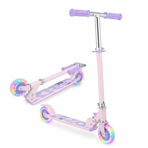 Scale Sports Scooter for Kids Ages 4-7, 2 Wheels Light Up Gift Scooters for Girls Boys Ages 6-12, Easy Folding Kids Scooter with 3 Levels Adjustable Handlebar and Rear Brake