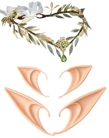 YyiFcg 3 Stück Set Elfenohren Erwachsene, Elfen Kopfschmuck Set mit 2 Paar Elfenohren und Feen Krone, Ideal für Cosplay, Themed Parties und Fantasy Fotoshootings(10 cm und 12 cm Ohren, 1 Krone)