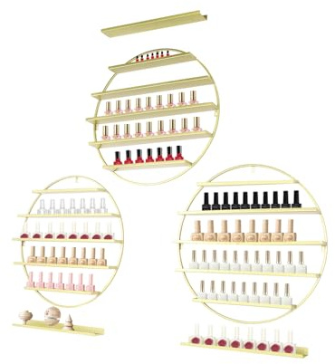 NiuLifeya Five Tier Circular Nail Polish Wall Mounted Rack, Gold Wrought Iron Display Stand, Suitable for Nail Salons and Home Use, Holds 160 Bottles with A Load Capacity of 10kg, Six Piece Set