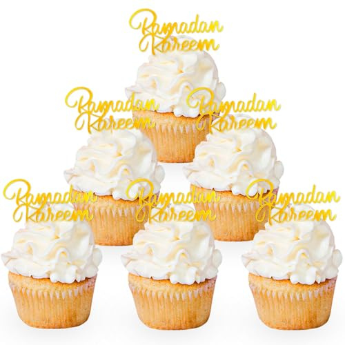 6 Pcs Ramadan Kareem Cupcake Toppers, EID Mubarak Cupcake Toppers, Acrylic Cake Topper, Ramadan Kareem Cake Topper for Party Supplies