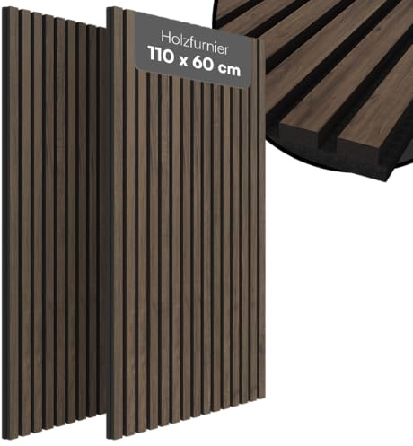 Bellamio Kilwa Akustikpaneele 110x60 cm, 2er-Set, Holzoptik Walnuss, 3D | Wandpaneele, Wandverkleidung, Akustik Holzpaneele als Schallabsorber, Lamellenwand für Innen, Wall Panel mit Schallschutz
