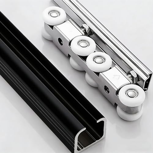 2 3 4 5 6 7 FT Heavy Duty Sliding Double Barn Door Hardware Track Kit Exterior, Hidden Flexible Pocket Door Rail Hardware Set with 8-Wheels Hangers,(Black,54in/137.2cm)