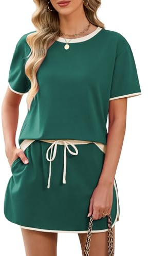 Famulily Co Ord Sets for Women UK Crew Neck Top and Side Split Skorts 2026 Fashion Tracksuit Sets with Pockets Green L