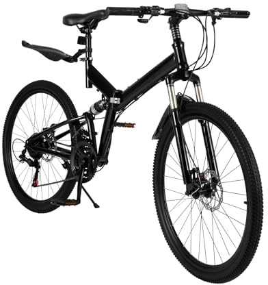 QWMEIYOU 26 Inch Folding Mountain Bike, 21 Speed Dual Disc Brake Bicycle with Mudguards, Carbon Steel Frame Adjustable Seat Anti-slip Handlebar Portable Cycling Bike for Commute Outdoor Riding
