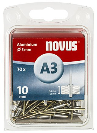 Novus Aluminium-Blindnieten 10 mm, 70 Nieten, Ø 3 mm, 5.0-7.5 mm Klemmlänge, für Nichteisen Metall, Stoffen und Leder, 045-0030