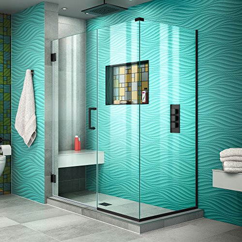 DreamLine Unidoor Plus 46 in. W x 34 3/8 in. D x 72 in. H Frameless Hinged Shower Enclosure in Satin Black, SHEN-24460340-09