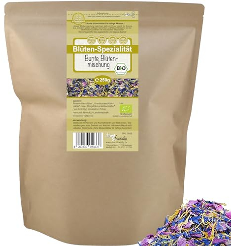 direct&friendly | Bio bunte Blütenmischung | 250g | farbenfroher Essblüten-Mix aus Rosen-, Ringelblumen- und Kornblumenblütenblättern