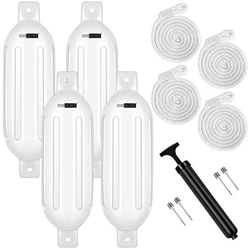VIVOHOME Vinyl Ribbed Boat Fenders 4 Pack, Boat Bumpers with Ropes, Needles, and Pump to Inflate Fit for Yachts, Sailing Dinghies, Bass Boats, White