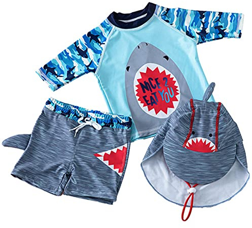 Baby Junge Cartoon Hai Zwei Stück Badeanzug Top+Badeshorts+Hut Uv-Schutz Schützend Schwimmanzug für Wassersport