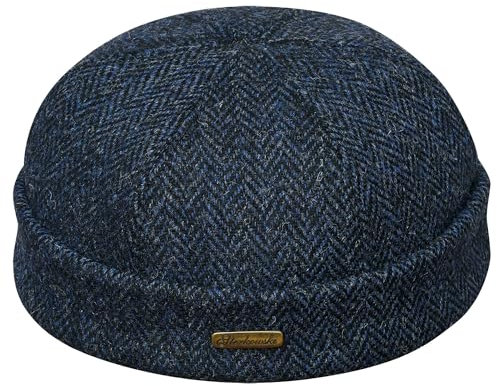 Sterkowski Docker Cap | Echte schottische Harris Tweed Beanie für Damen und Herren | warme traditionelle Totenkopfmütze aus reiner Wolle, blau / schwarz, 59 EU