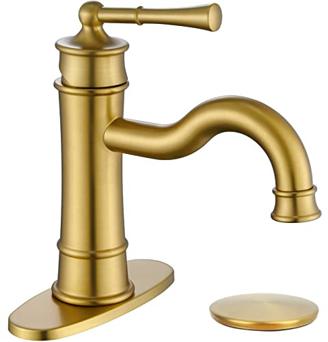 Roman Bathroom Sink Faucet Brushed Gold Single Hole Deck-Mount Pop-up Drain Assembly with Overflow Deck Plate and Water Supply Lines Included