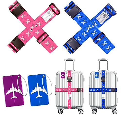 Flintronic Koffergurt Kofferband, 4 Stück Einstellbare Kofferband + 2 Stück Kofferanhänger, mit Namensschild & Adressschild, für Gepäckband zum Reisen & Fliegen