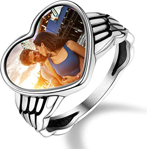 Custom4U Edelstahl Herz Foto Fingerring Anpassbarer Foto Ring mit Gravur für Herren Damen Herz Flügel Siegelring Foto Bandring für Verlobungsring Ehering Freundschaftsring Trauring