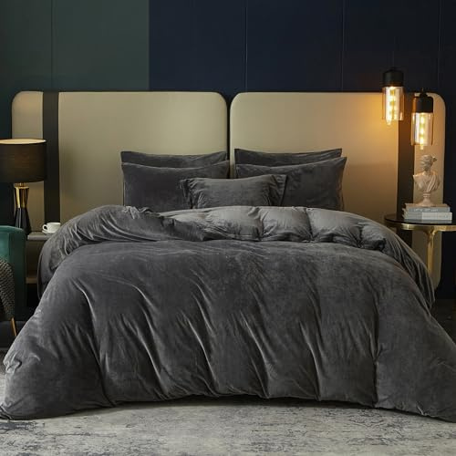 SE SOFTEXLY Velvet Duvet Cover King Size, Soft Flannel Duvet Cover with Zipper Solid Breathable Silky Velour Comforter Cover, Cozy Winter Duvet Cover Set with 2 Pillowcases, 90 x 104, Charcoal Grey