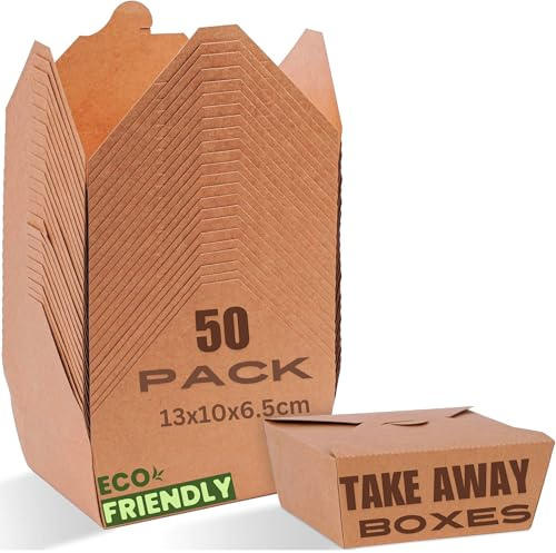 HURUC Lot de 50 boîtes alimentaires en kraft 337 g/m² - 800 ml | Résistantes aux fuites, passent au micro-ondes - Boîtes jetables pour sautés, nouilles, riz et salades | Boîtes kraft marron