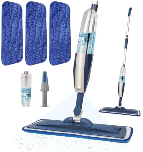 Mopas con pulverizador para limpieza de suelos, con una botella de spray recargable y 3 almohadillas de microfibra lavables, uso doméstico o comercial, trapeador plano seco y húmedo para madera
