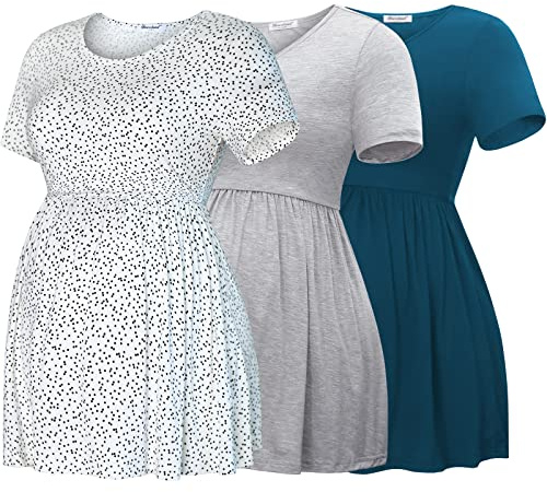 Bearsland Maternity Tops Short Sleeve Scoop Neck Breastfeeding T-Shirt Pregnancy Clothes, Lake Blue & Light Grey & White dots, M