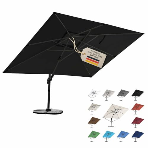 RS Trade 3x4 m Sonnenschirm 4-fach seitlich und 5-fach horizontal neigbar inkl. Schutzhülle & Windsicherung 360 Grad drehbar Ampelschirm Marktschirm Gartenschirm 300 x 400 cm mit Aluständer