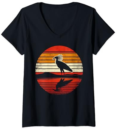 Damen Sekretär Vogel Sonnenuntergang Retro Stil Safari Vintage 70er Jahre T-Shirt mit V-Ausschnitt