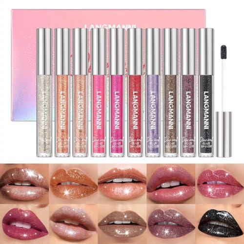 Gloss à lèvres pailleté à haute brillance,10Pcs Gloss à lèvres pailleté hydratant et longue durée non collant, set de gloss à lèvres liquide pigmenté avec des couleurs riches et variées