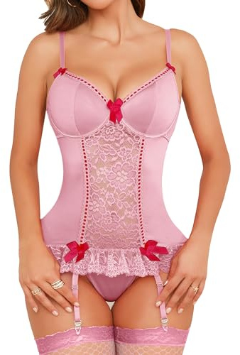 Aranmei Ensembles de Lingerie pour Femmes, Body Sexy en Dentelle Florale avec Porte-Jarretelles, sous-vêtements Babydoll à col en V avec Bas