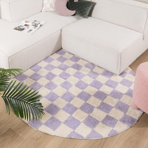 FRAAI | Home & Living Rund Retro Teppich - Gambit Lila Weiß - Ø 80 cm | Symmetrische, Blöcke - Modern, Retro - Wohnzimmer, Kinderzimmer, Schlafzimmer - Fellteppich