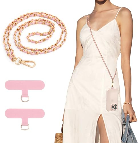 TiMOVO Phone Lanyard Metal Chain Crossbody, Pink | Anti-Theft Adjustable Neck Strap for iPhone 17 16 Series & Most Smartphones, Stylish Universal Cell Phone Holder for Women